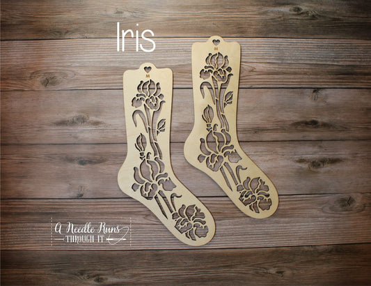 Iris flower Sock Blockers, Baltic Birch Iris Design Wood Sock blockers, pair of blockers for knitting socks. S, M, L sizes. Wood sock form