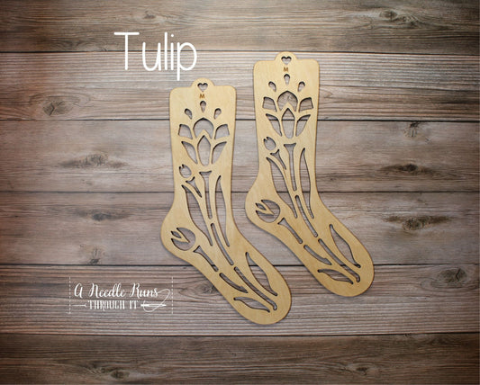 Tulip Sock Blockers, Baltic Birch Tulip Design Wood Sock blockers, pair of blockers for knitting socks. S, M, L sizes. Wood sock form