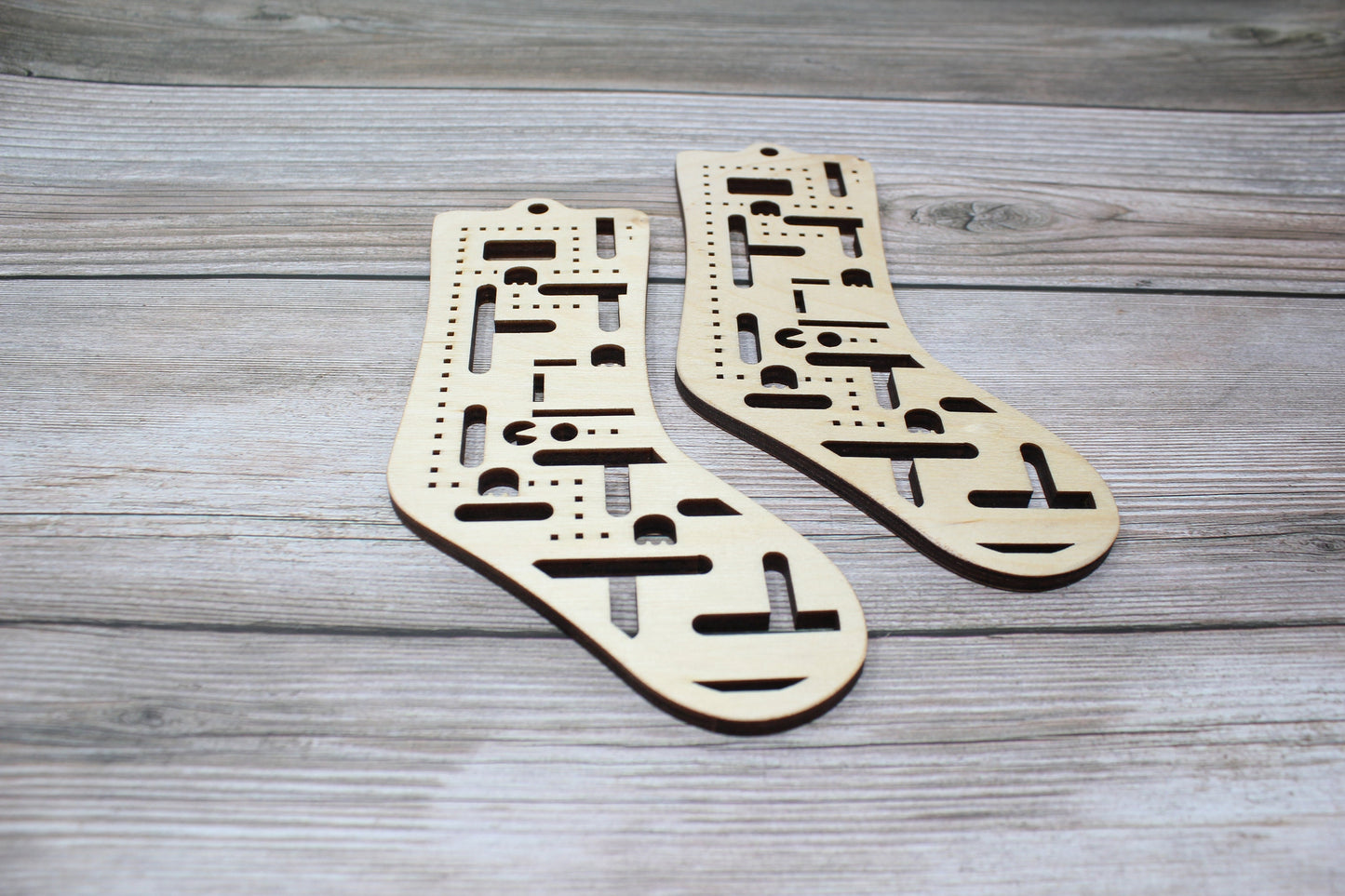 Game Baby Sock Blockers, Baltic Birch 80's game Design Wood Sock blockers, pair of blockers for knitting baby socks. Baby sock form