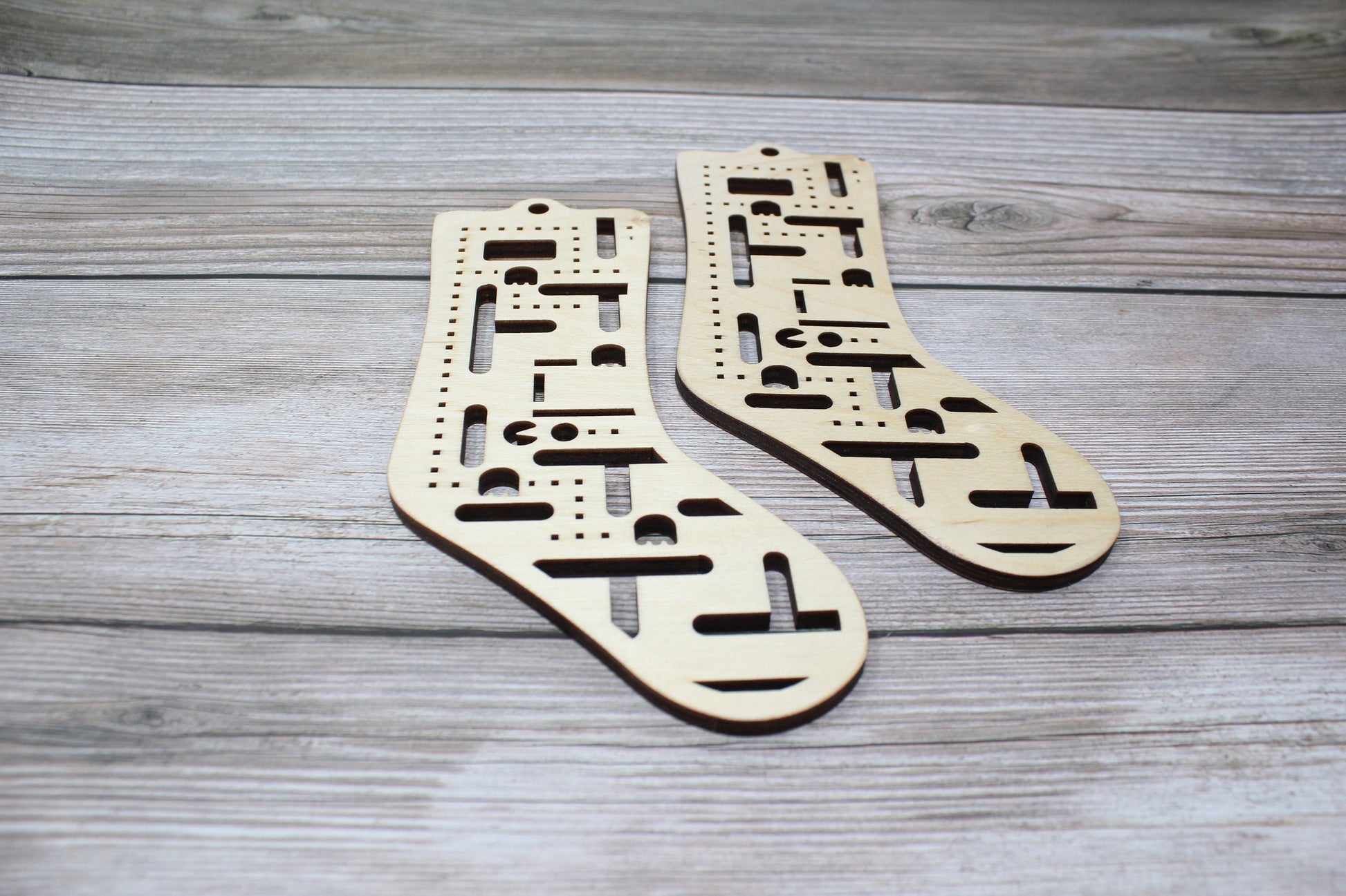 Game Baby Sock Blockers, Baltic Birch 80's game Design Wood Sock blockers, pair of blockers for knitting baby socks. Baby sock form