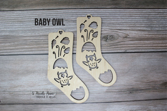 Owl Baby Sock Blockers, Baltic Birch Owl Design Wood Sock blockers, pair of blockers for knitting baby socks. Baby sock form