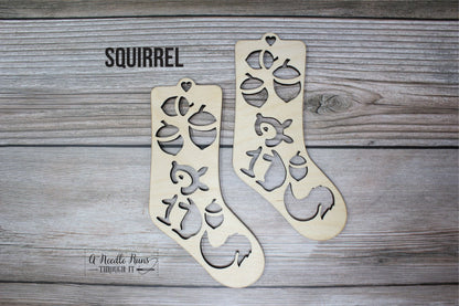 Squirrel Baby Sock Blockers, Baltic Birch Squirrel Design Wood Sock blockers, pair of blockers for knitting baby socks. Baby sock form