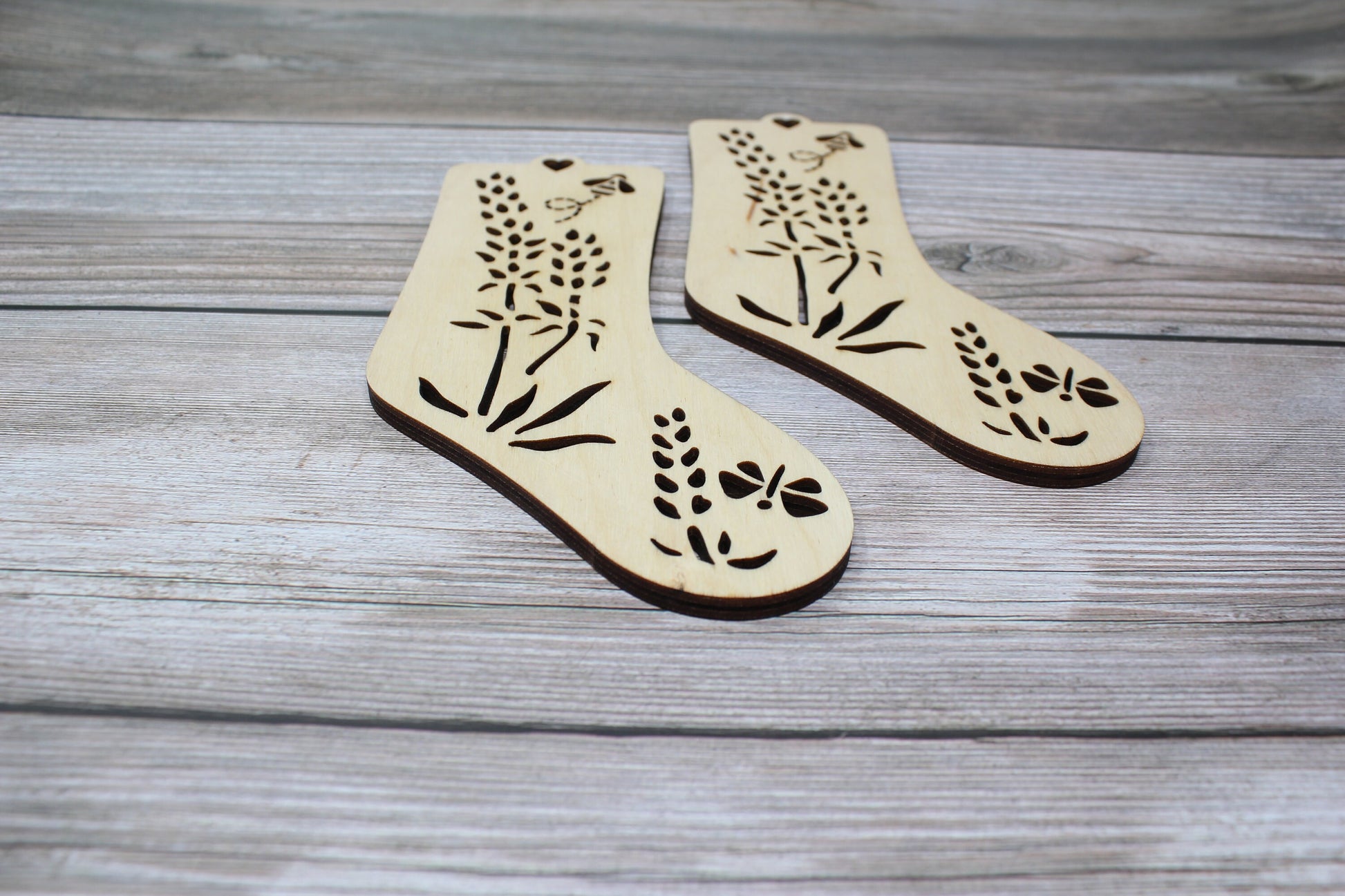 Lavender Baby Sock Blockers, Baltic Birch Lavender Design Wood Sock blockers, pair of blockers for knitting baby socks. Baby sock form