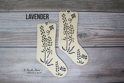 Lavender Baby Sock Blockers, Baltic Birch Lavender Design Wood Sock blockers, pair of blockers for knitting baby socks. Baby sock form