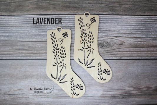 Lavender Baby Sock Blockers, Baltic Birch Lavender Design Wood Sock blockers, pair of blockers for knitting baby socks. Baby sock form