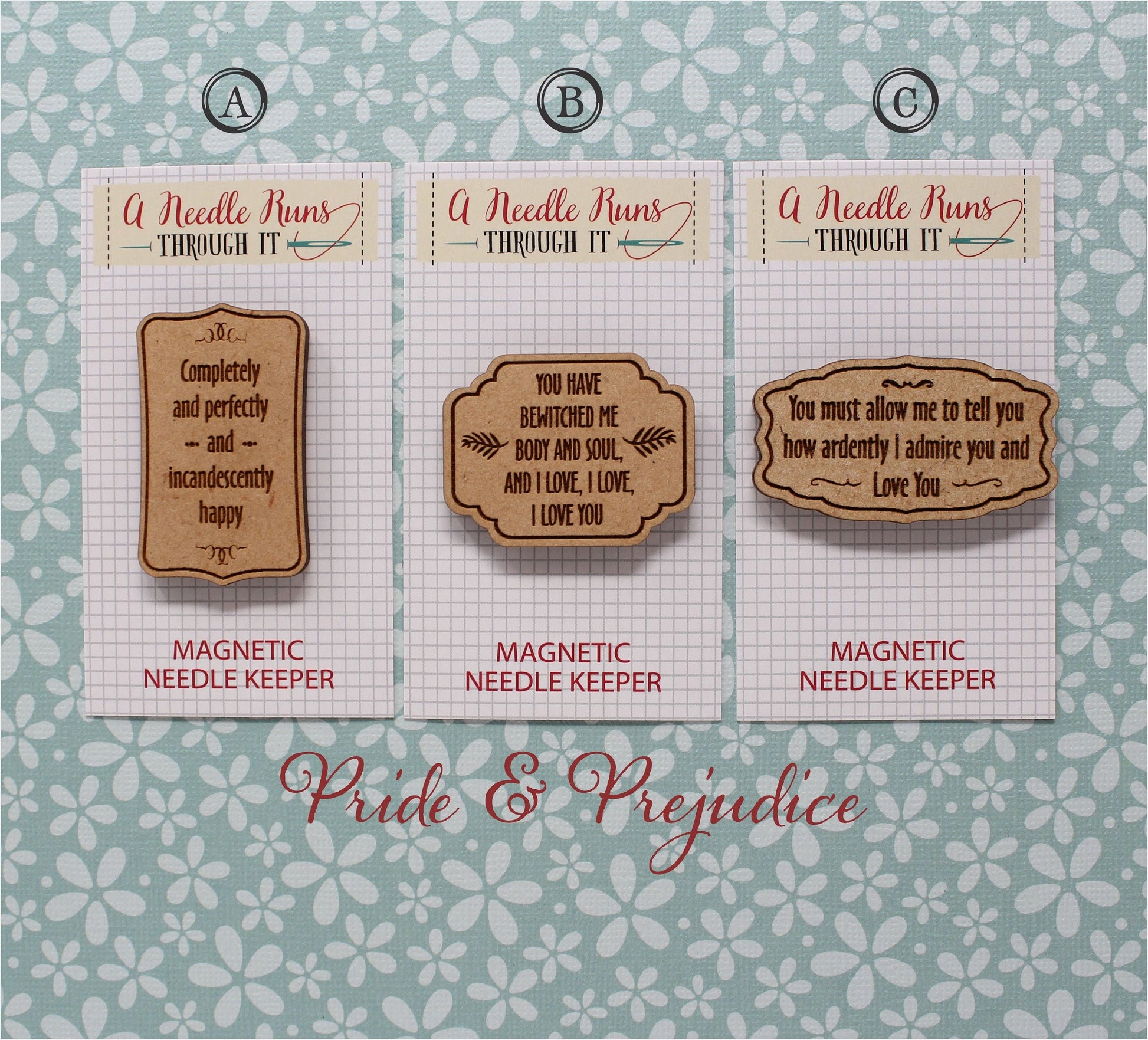 Cross Stitch Needle Minder, Pride and Prejudice Quotes, Wood Magnetic Needle Minder. Hand embroidery, Needle Keeper. Embroidery Needleminder