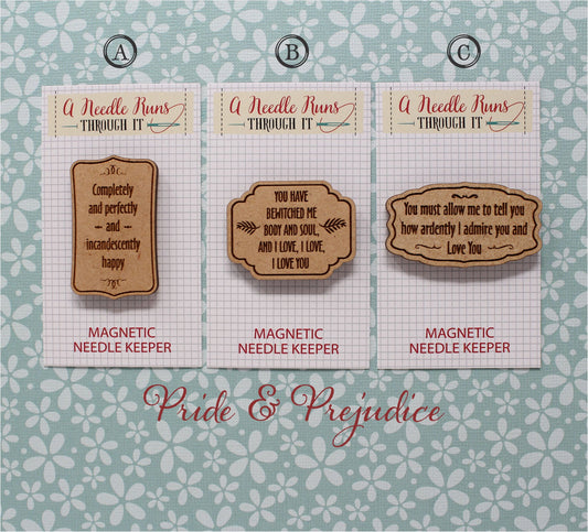 Cross Stitch Needle Minder, Pride and Prejudice Quotes, Wood Magnetic Needle Minder. Hand embroidery, Needle Keeper. Embroidery Needleminder