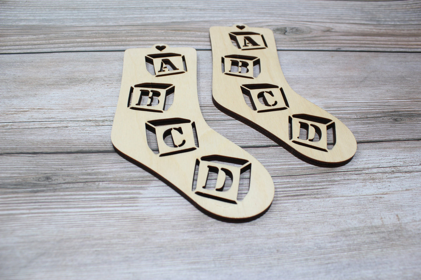ABC Blocks Baby Sock Blockers, Baltic Birch ABCD blocks Design Wood Sock blockers, pair of blockers for knitting baby socks. Baby sock form