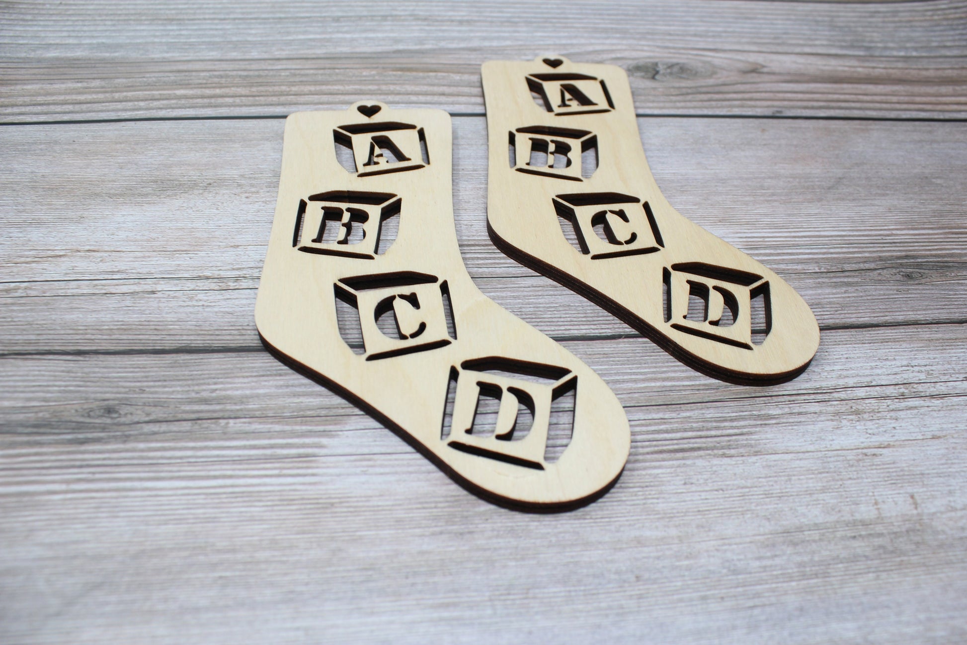 ABC Blocks Baby Sock Blockers, Baltic Birch ABCD blocks Design Wood Sock blockers, pair of blockers for knitting baby socks. Baby sock form
