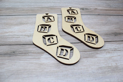 ABC Blocks Baby Sock Blockers, Baltic Birch ABCD blocks Design Wood Sock blockers, pair of blockers for knitting baby socks. Baby sock form