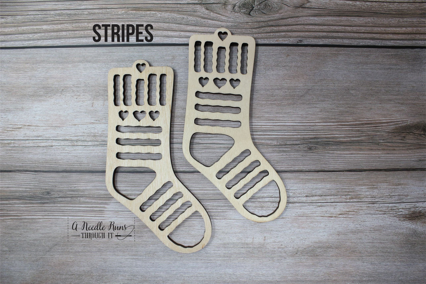 Stripes Baby Sock Blockers, Baltic Birch Stripes and hearts Wood Sock blockers, pair of blockers for knitting baby socks. Baby sock form