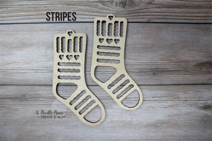 Stripes Baby Sock Blockers, Baltic Birch Stripes and hearts Wood Sock blockers, pair of blockers for knitting baby socks. Baby sock form