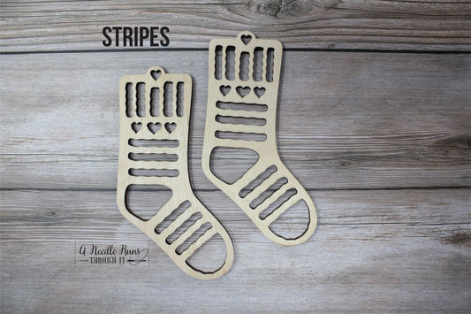 Stripes Baby Sock Blockers, Baltic Birch Stripes and hearts Wood Sock blockers, pair of blockers for knitting baby socks. Baby sock form