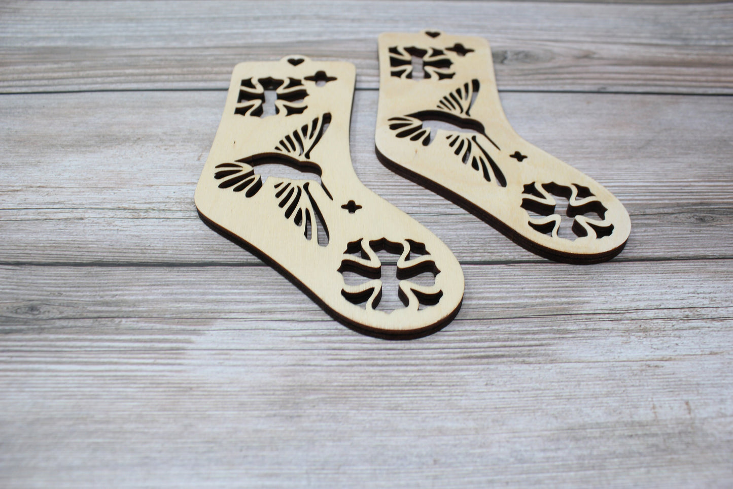 Hummingbird Baby Sock Blockers, Baltic Birch hummingbird Design Wood Sock blockers, pair of blockers for knitting baby socks. Baby sock form