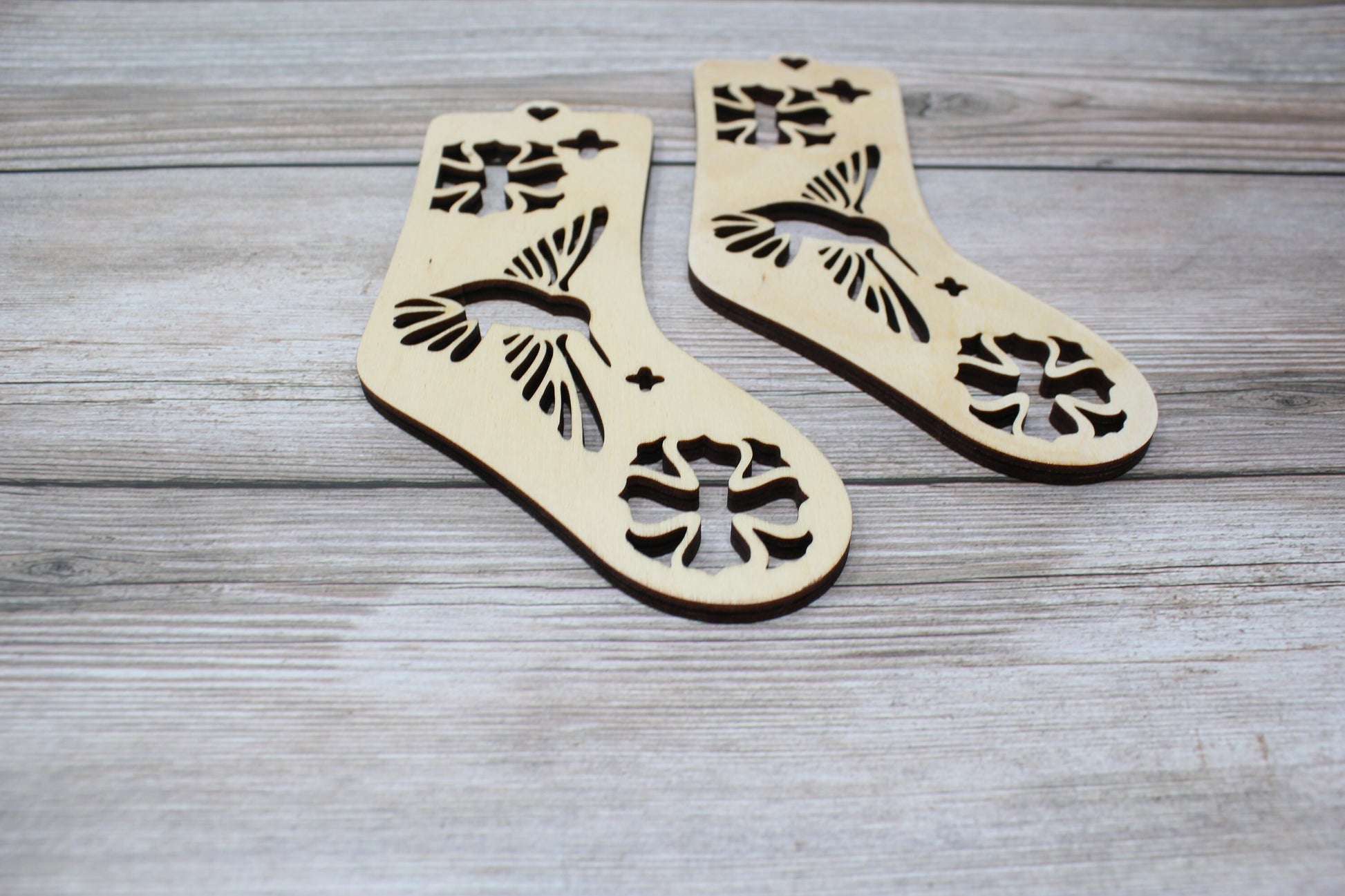 Hummingbird Baby Sock Blockers, Baltic Birch hummingbird Design Wood Sock blockers, pair of blockers for knitting baby socks. Baby sock form