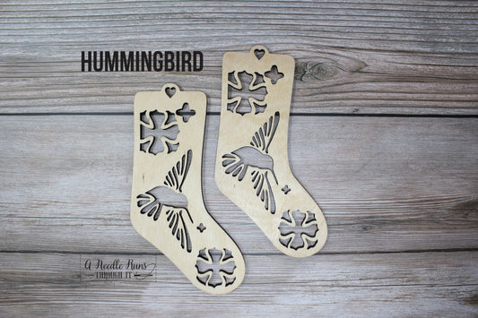 Hummingbird Baby Sock Blockers, Baltic Birch hummingbird Design Wood Sock blockers, pair of blockers for knitting baby socks. Baby sock form