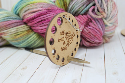 Round Knitting Needle Gauge. Wood needle gauge measure. Knitters tool. Handy knitting needle gauge, knitting needle measuring gauge