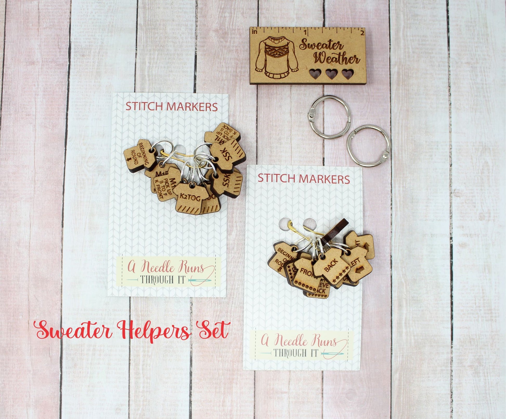 Sweater Helpers stitch marker sets, Helpful stitch markers, increase marker, decrease marker, ruler and pin holder, progress keepers.