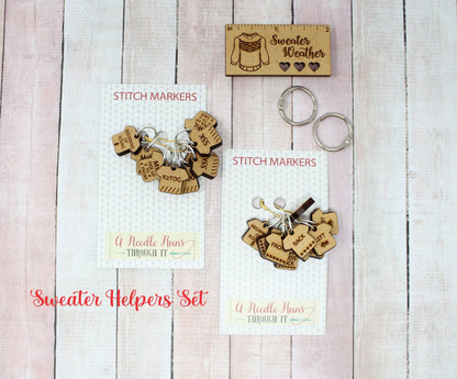 Sweater Helpers stitch marker sets, Helpful stitch markers, increase marker, decrease marker, ruler and pin holder, progress keepers.