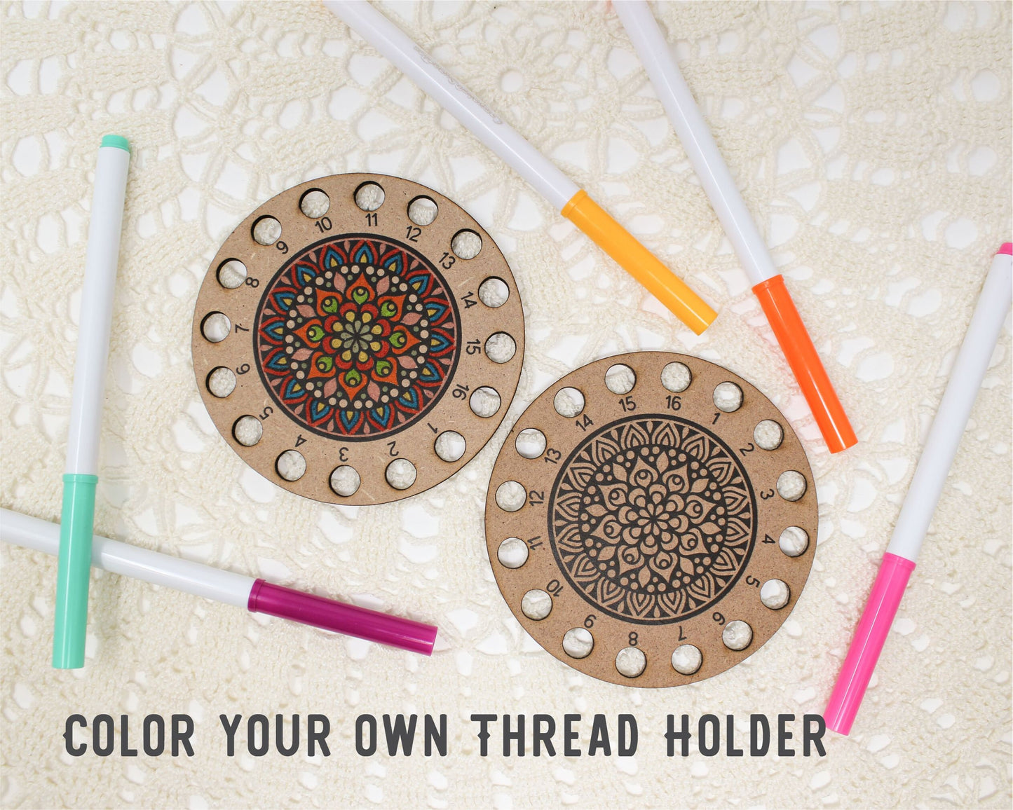 Color your own mandala Thread Holder, Wood embroidery thread holder, embroidery floss holder. Thread palette for cross stitch and needlework