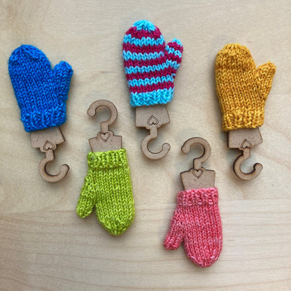 Tiny Mitten Blockers hanger for knitted mitten ornaments. Ornament sock pattern. Cute ornament wooden hanger for tiny knitted mittens
