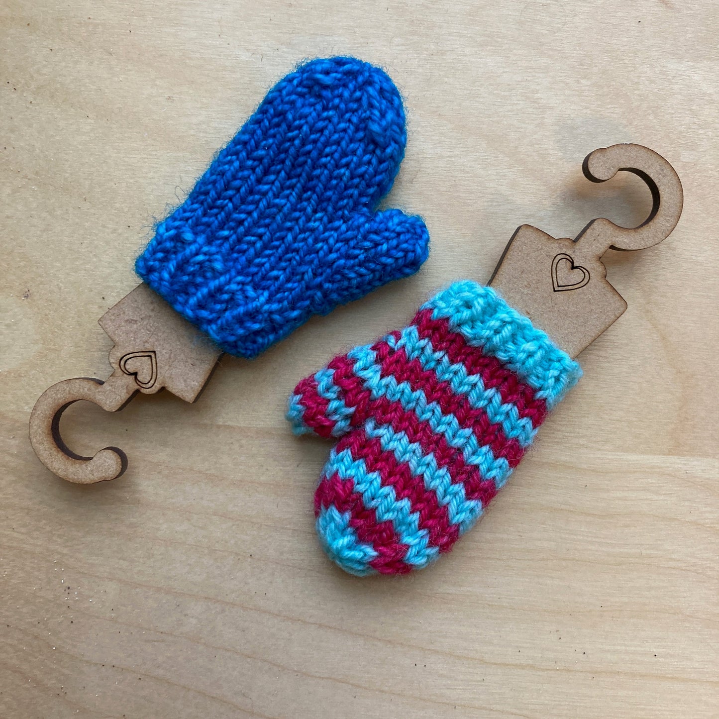 Tiny Mitten Blockers hanger for knitted mitten ornaments. Ornament sock pattern. Cute ornament wooden hanger for tiny knitted mittens