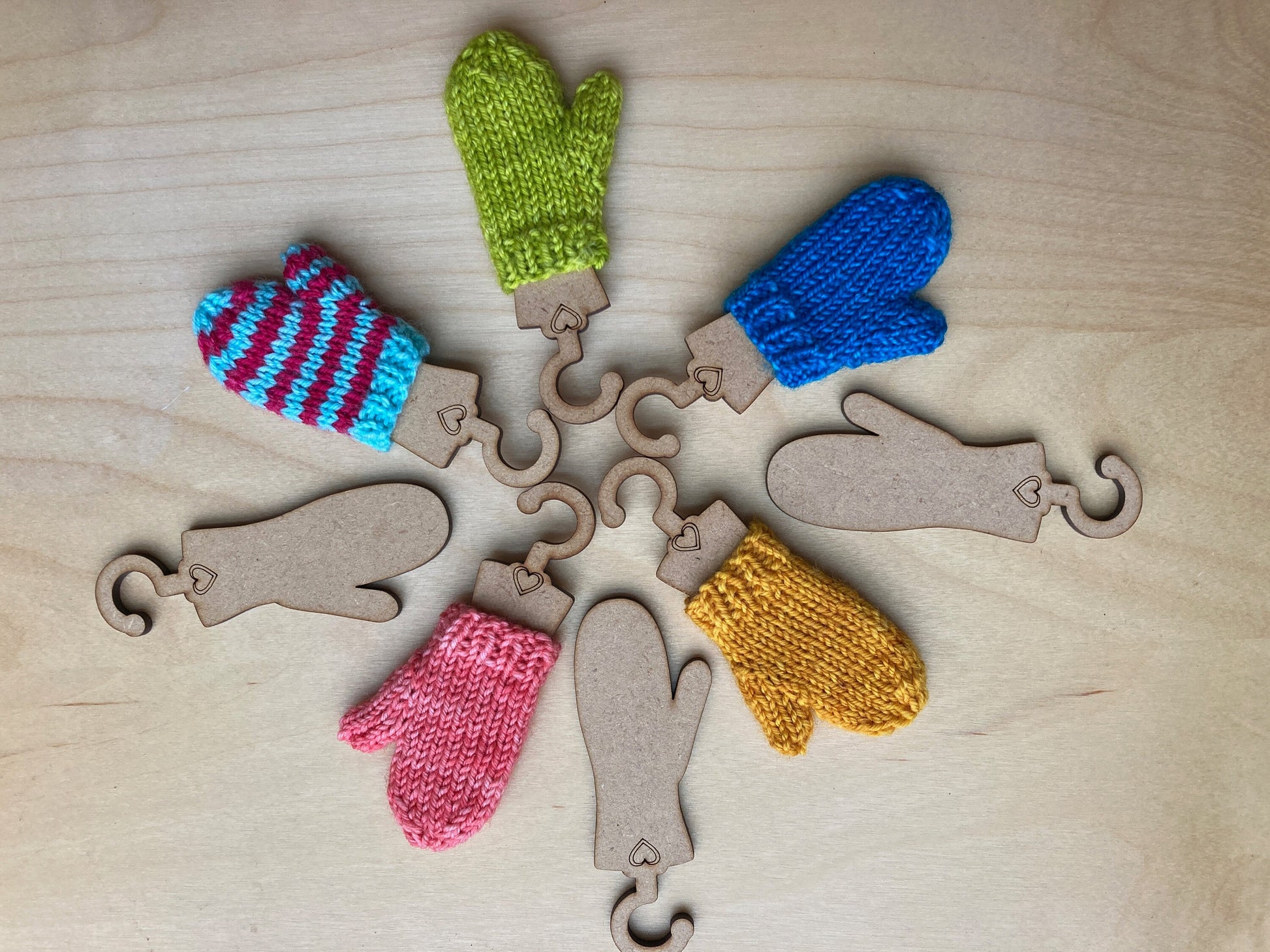 Tiny Mitten Blockers hanger for knitted mitten ornaments. Ornament sock pattern. Cute ornament wooden hanger for tiny knitted mittens