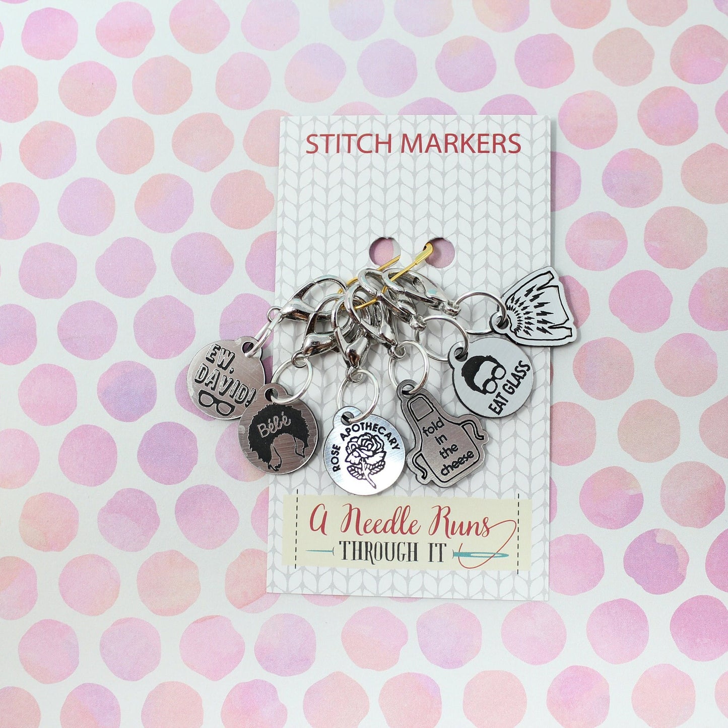 The Rose family, Schits Creek inspired stitch markers. Knitting markers, crochet markers, Rose apothecary, Ew David Stitch markers