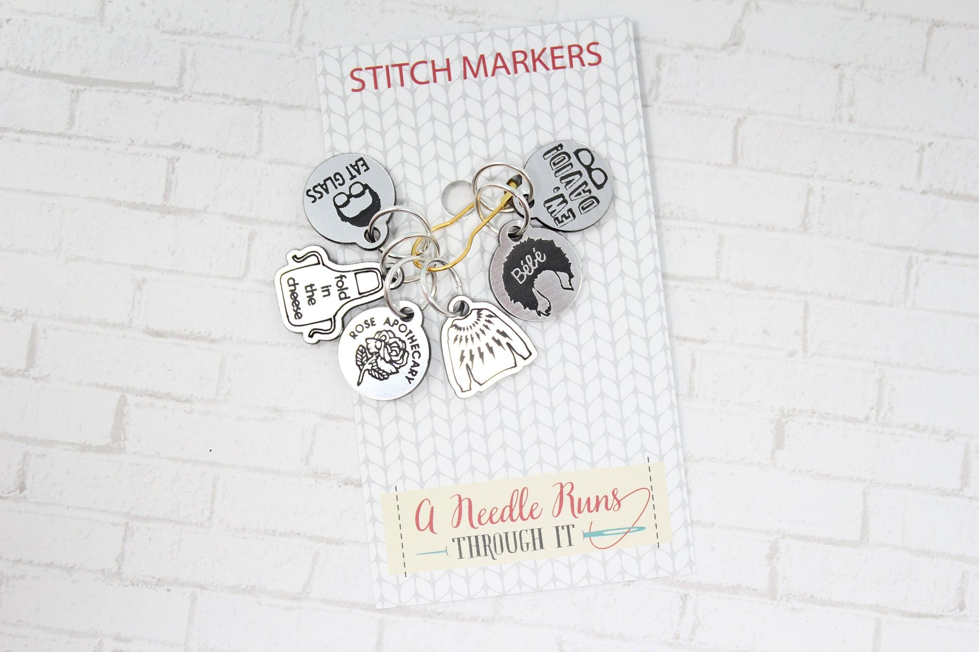 The Rose family, Schits Creek inspired stitch markers. Knitting markers, crochet markers, Rose apothecary, Ew David Stitch markers