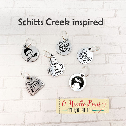 The Rose family, Schits Creek inspired stitch markers. Knitting markers, crochet markers, Rose apothecary, Ew David Stitch markers