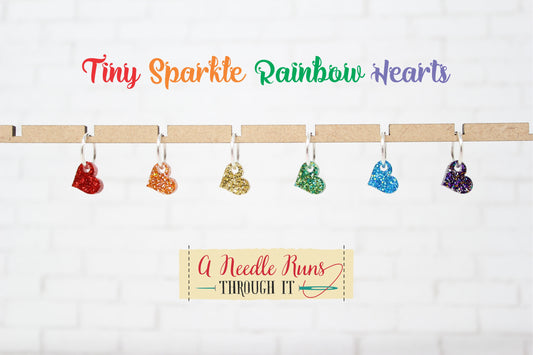 Tiny Rainbow heart Sparkle stitch marker set for Knitting and crochet, Progress keeper knitting markers. Pride Stitch markers