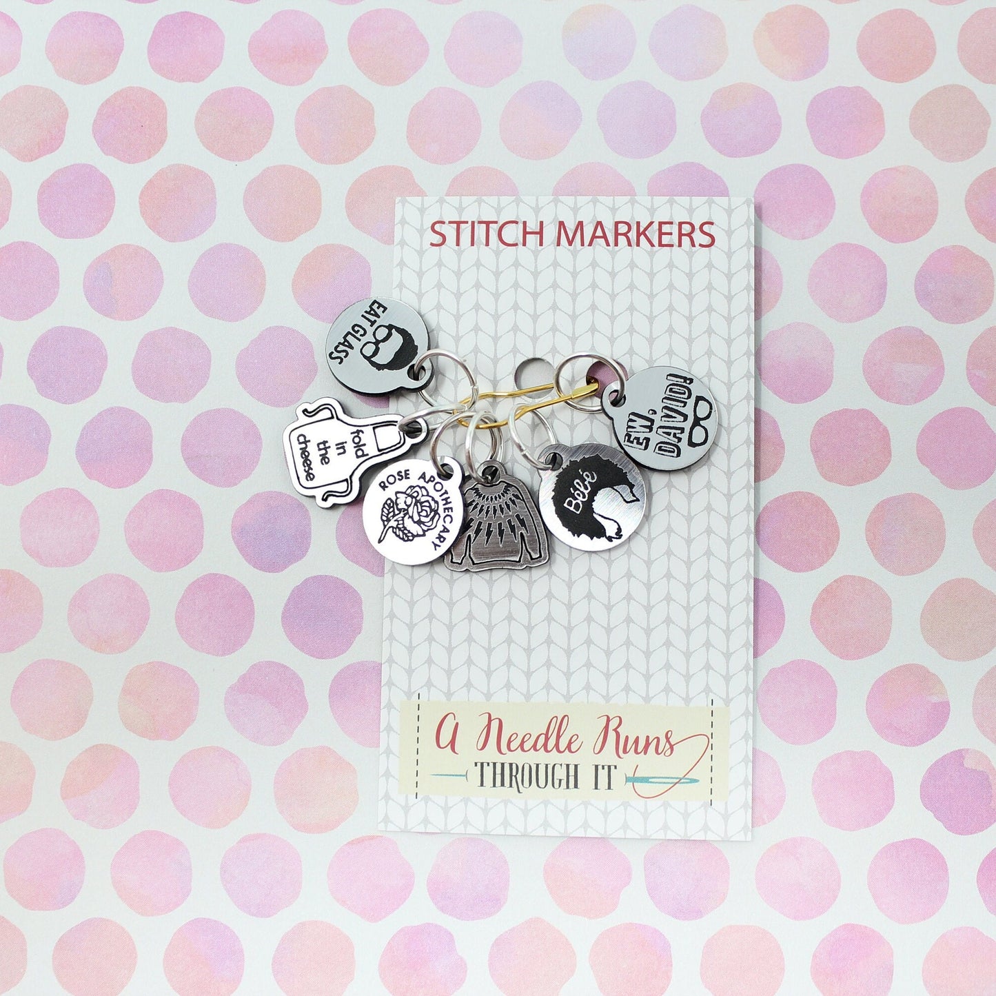 The Rose family, Schits Creek inspired stitch markers. Knitting markers, crochet markers, Rose apothecary, Ew David Stitch markers
