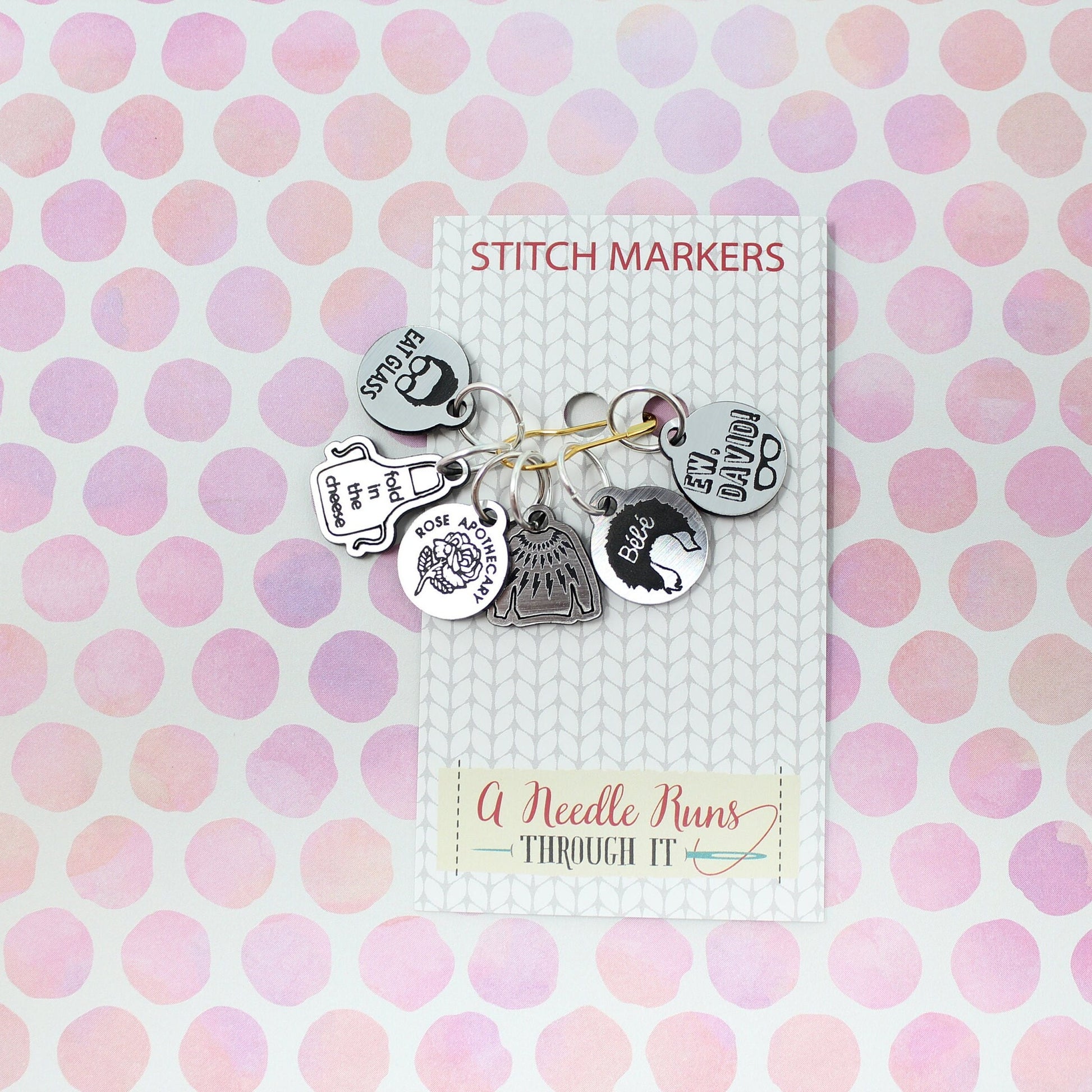 The Rose family, Schits Creek inspired stitch markers. Knitting markers, crochet markers, Rose apothecary, Ew David Stitch markers