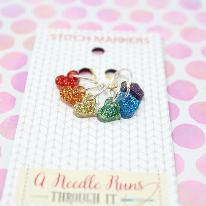 Tiny Rainbow heart Sparkle stitch marker set for Knitting and crochet, Progress keeper knitting markers. Pride Stitch markers
