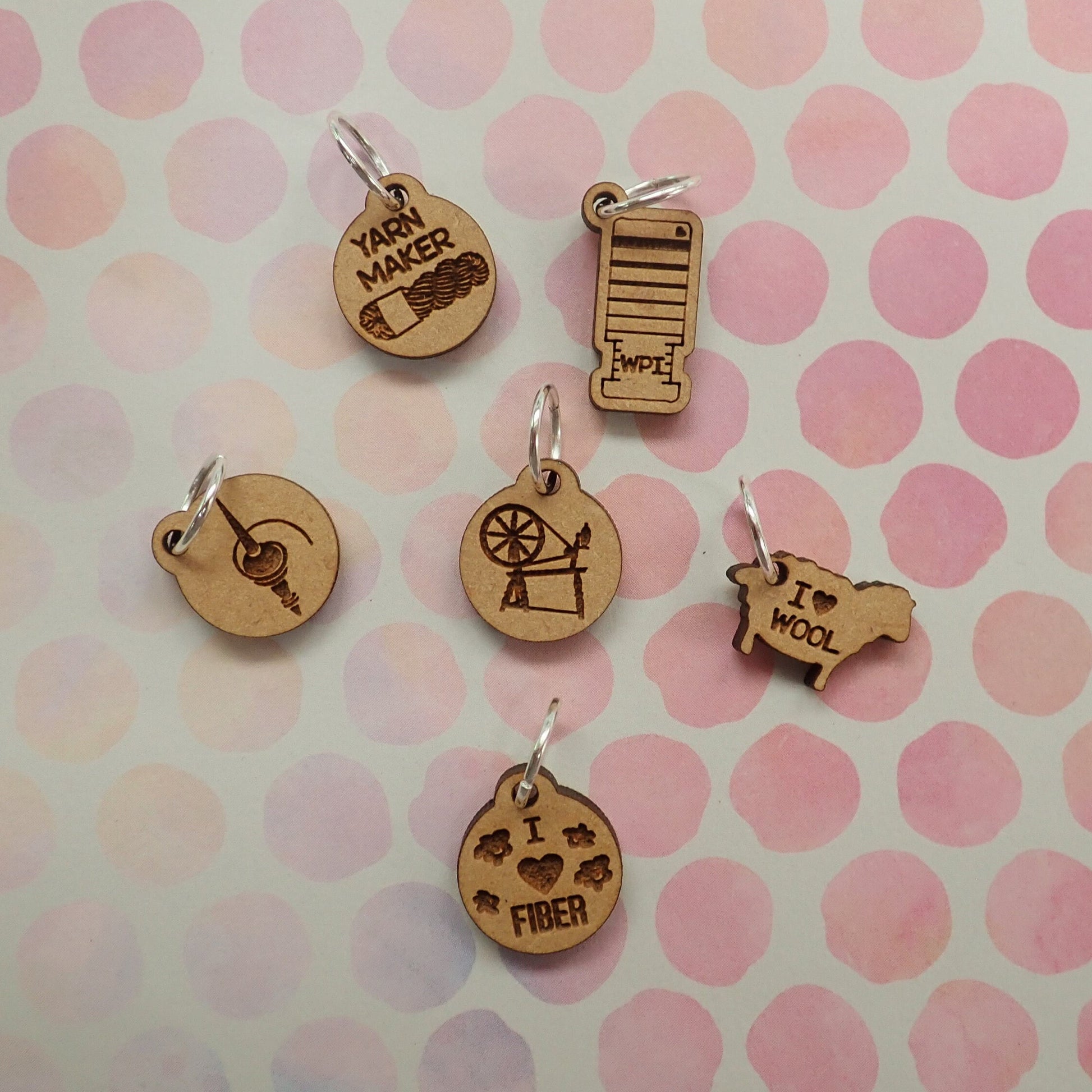 Fiber Spinning Stitch Marker Set. Spinning Wheel WPI sheep spindle wool fiber cute stitch marker set for knitting or crochet