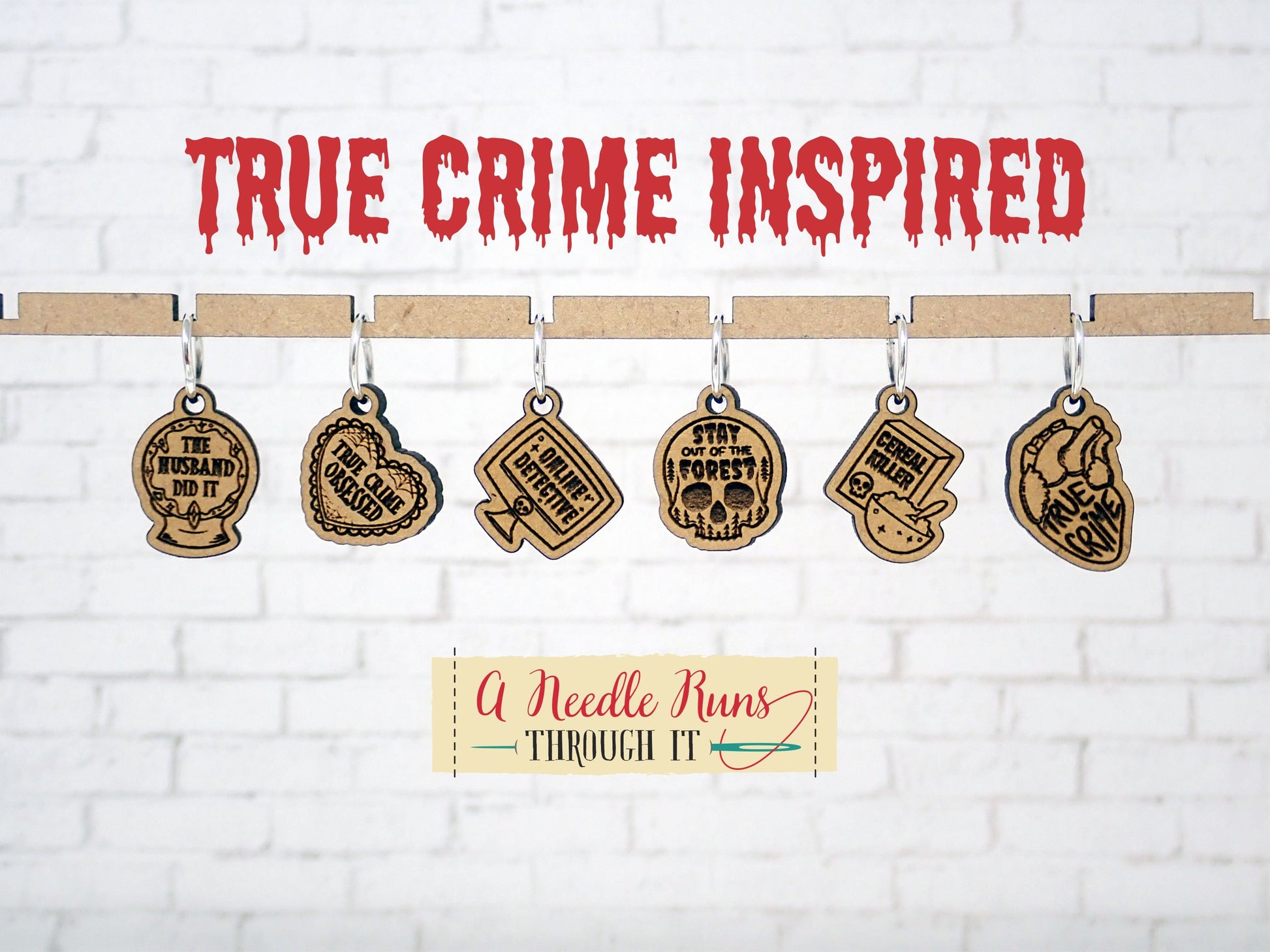 True Crime and Craft inspired stitch marker set, snag free stitch markers, st markers for knitting, crochet progress keeper