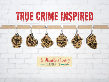 True Crime and Craft inspired stitch marker set, snag free stitch markers, st markers for knitting, crochet progress keeper
