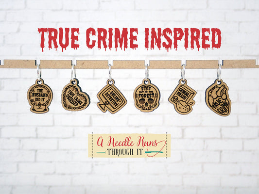 True Crime and Craft inspired stitch marker set, snag free stitch markers, st markers for knitting, crochet progress keeper