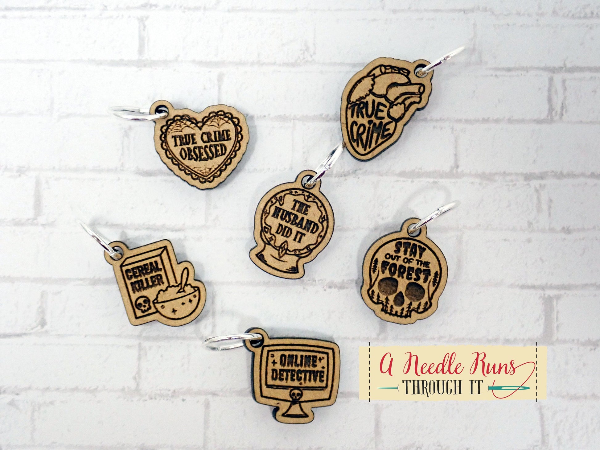 True Crime and Craft inspired stitch marker set, snag free stitch markers, st markers for knitting, crochet progress keeper