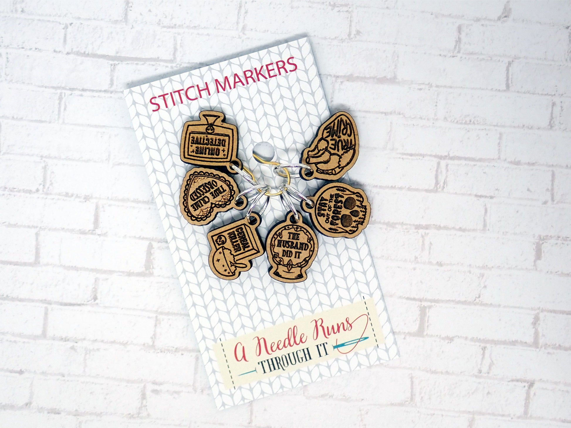 True Crime and Craft inspired stitch marker set, snag free stitch markers, st markers for knitting, crochet progress keeper