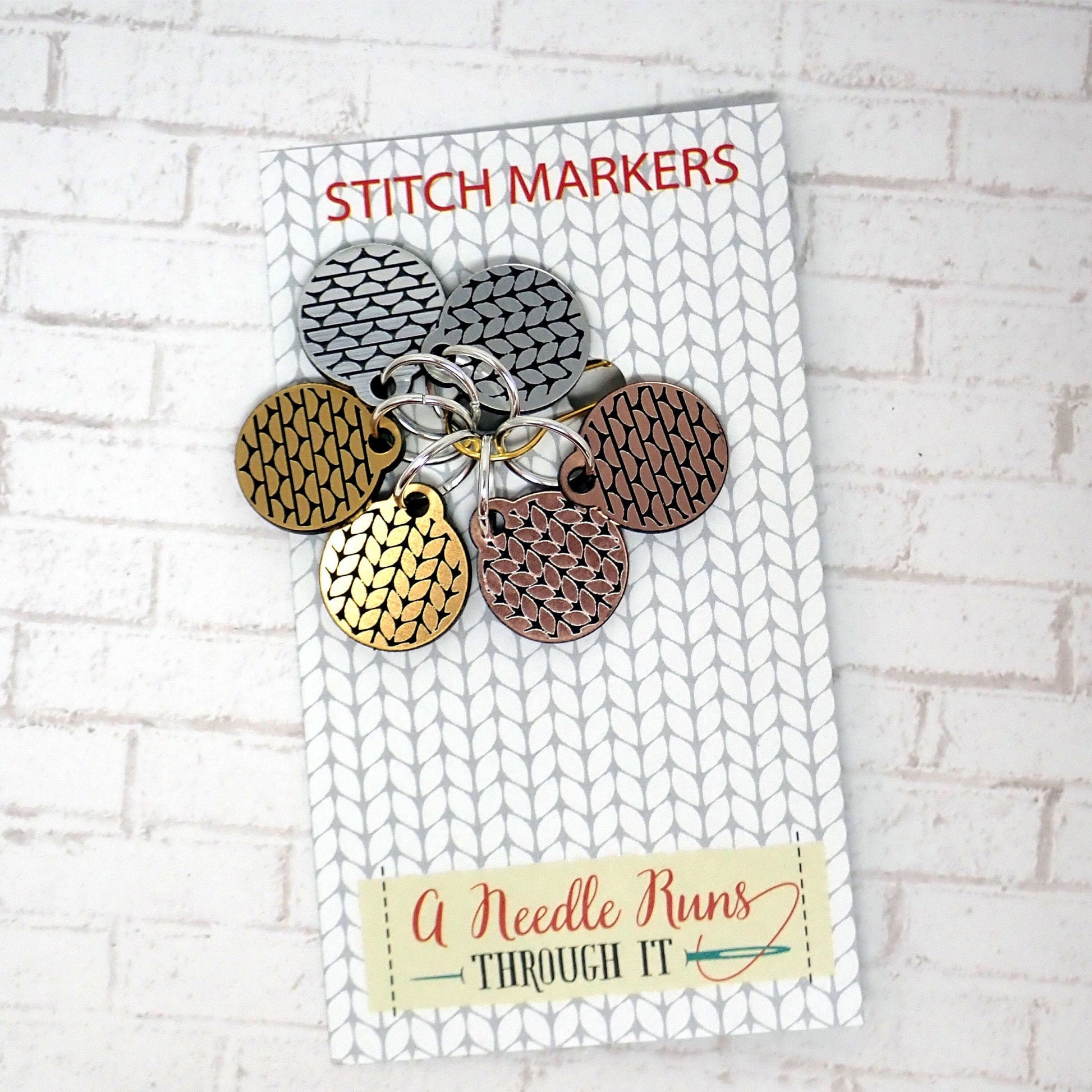 Brushed metal rose gold, gold and silver knit and purl stitch markers, metallic look stich markers for knitting, knit purl progress keepers