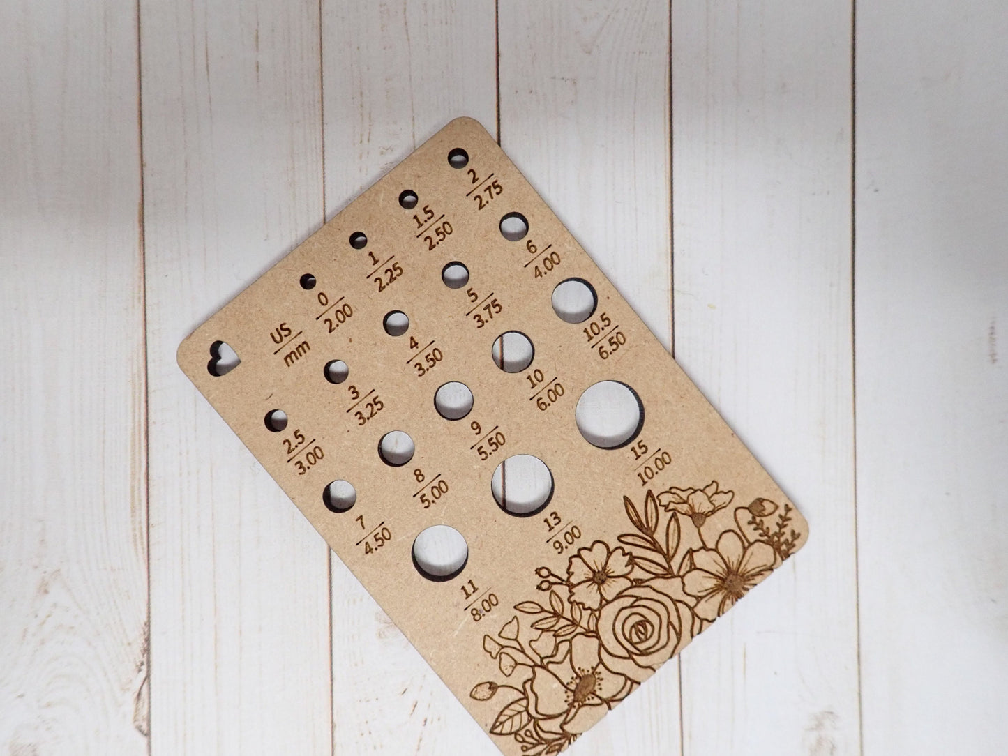 Flower Knitting Needle gauge, small needle gauge. Floral needle gauge for knitting needles. Wood knitting needle gauge