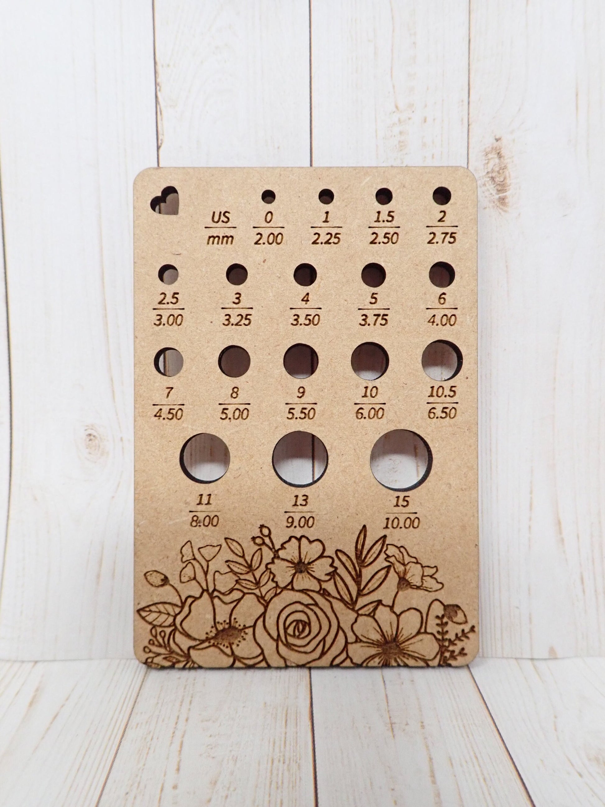 Flower Knitting Needle gauge, small needle gauge. Floral needle gauge for knitting needles. Wood knitting needle gauge