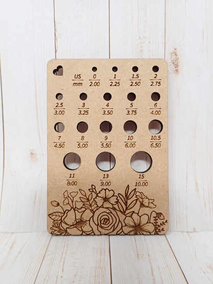 Flower Knitting Needle gauge, small needle gauge. Floral needle gauge for knitting needles. Wood knitting needle gauge
