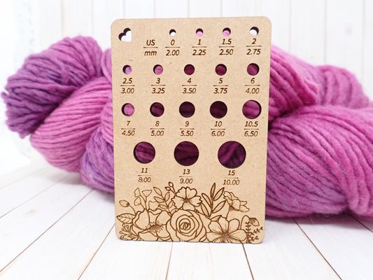 Flower Knitting Needle gauge, small needle gauge. Floral needle gauge for knitting needles. Wood knitting needle gauge