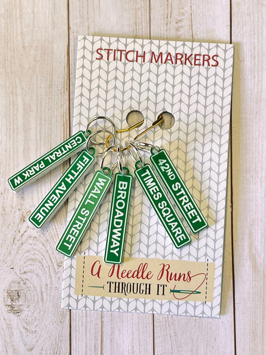 Streets of New York stitch markers for knitting or crochet. NYC streets Stitch markers. City of New York.Broadway.times square street signs