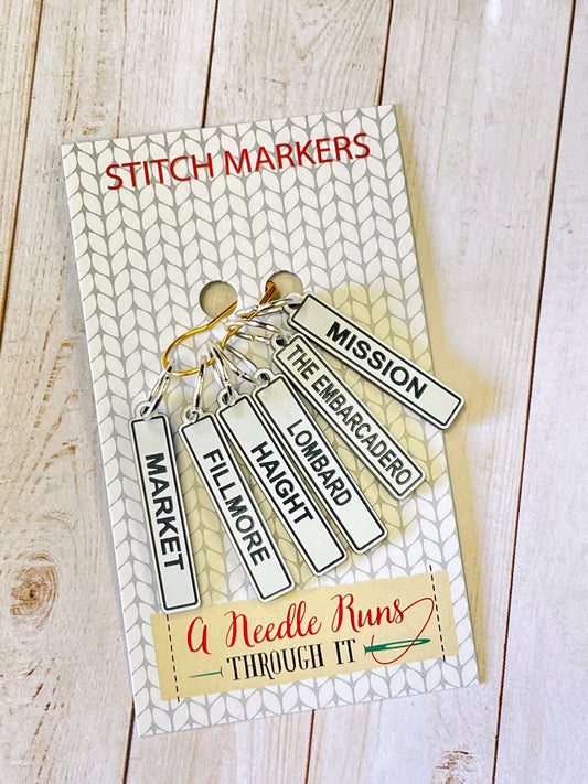 Streets of San Francisco stitch markers for knitting or crochet. San Francisco streets Stitch markers. City of SF streets st. markers