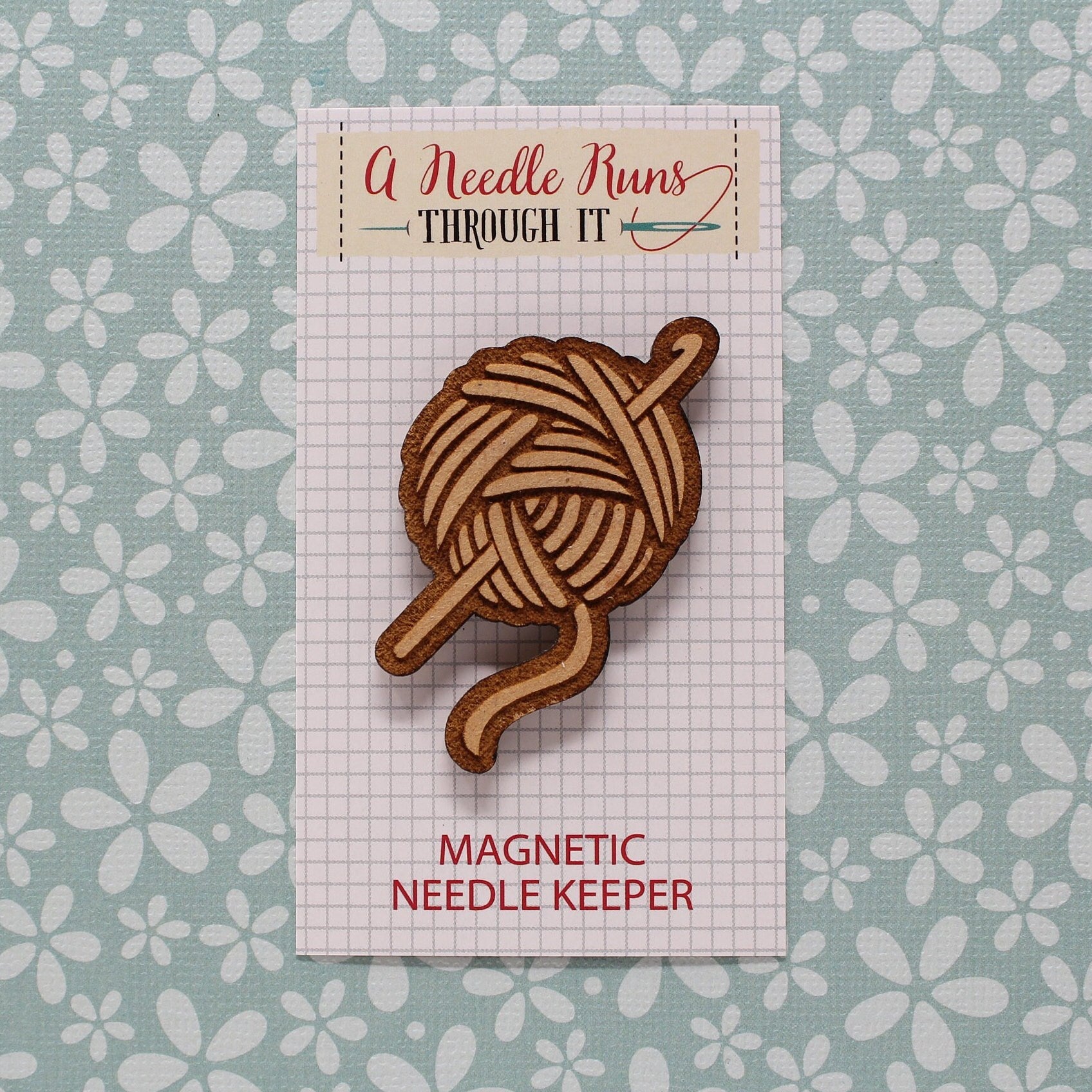 Knitting needles, crochet hook with yarn Cross Stitch Needle Minder, Wood Magnetic Needle Minder. Hand embroidery, Needle Keeper.