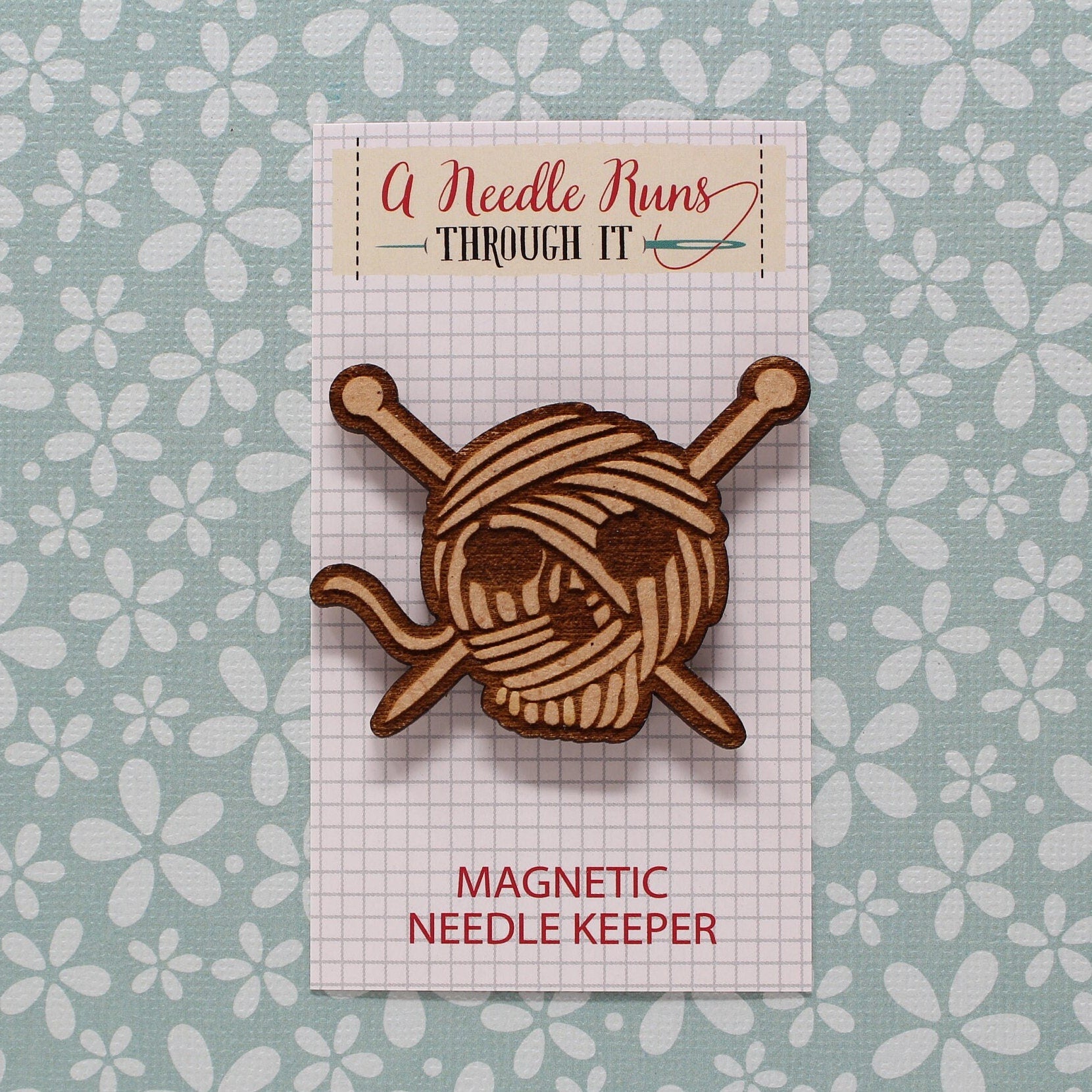 Knitting needles, crochet hook with yarn Cross Stitch Needle Minder, Wood Magnetic Needle Minder. Hand embroidery, Needle Keeper.
