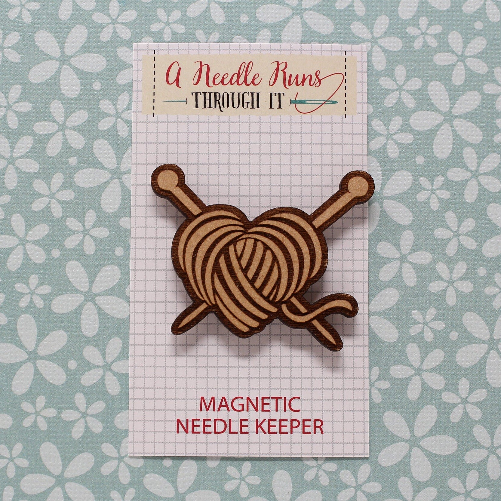 Knitting needles, crochet hook with yarn Cross Stitch Needle Minder, Wood Magnetic Needle Minder. Hand embroidery, Needle Keeper.